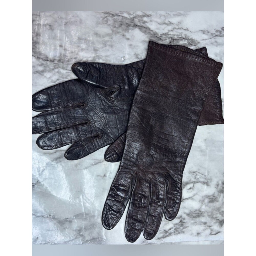 Bloomingdale's Vintage women’s silk lined Dark Brown Leather Gloves small FLAW